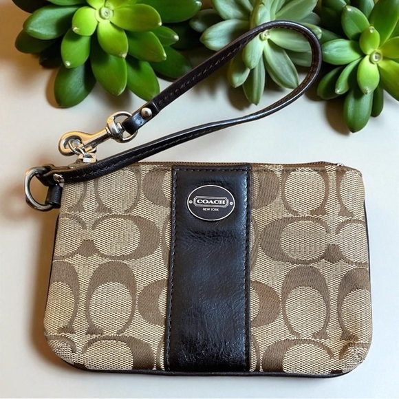 Coach Tan and Black Signature Wristlet - Picture 1 of 10